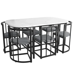 Ensemble table et chaises 180x90x75 cm avec 6 chaises, table MDF blanc, chaises velours gris, pied métal