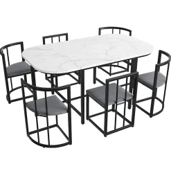 Ensemble table et chaises 180x90x75 cm avec 6 chaises, table MDF blanc, chaises velours gris, pied métal