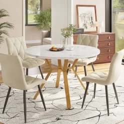 Ensemble table et chaises 100x75 cm avec 4 chaises velours vert et piétement métal doré, table ronde (MDF)