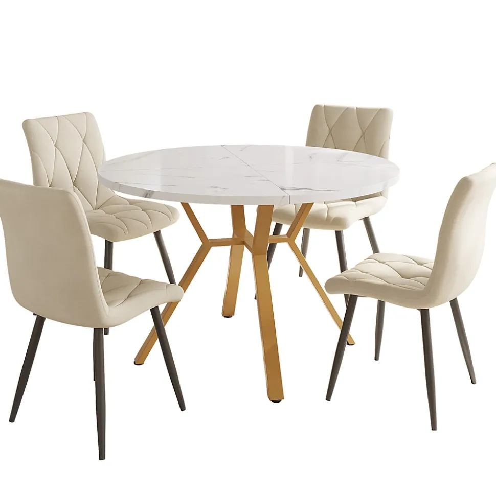Ensemble table et chaises 100x75 cm avec 4 chaises velours vert et piétement métal doré, table ronde (MDF)