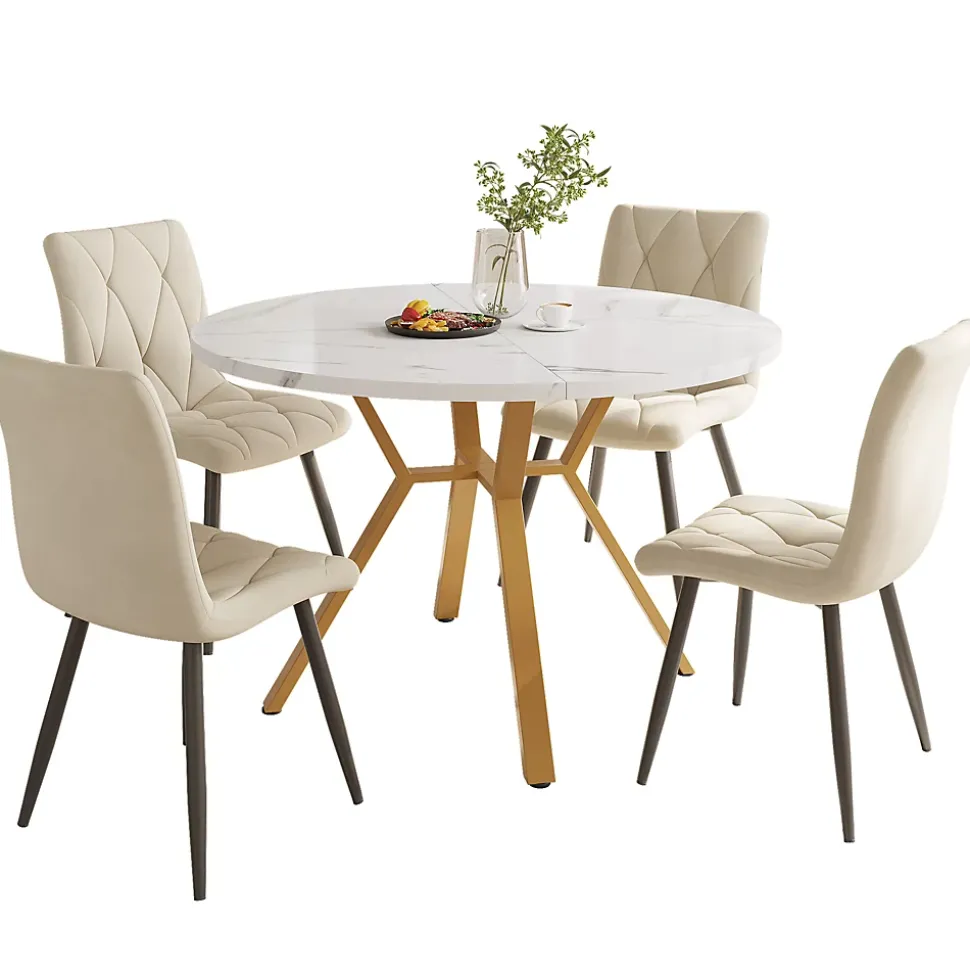 Ensemble table et chaises 100x75 cm avec 4 chaises velours vert et piétement métal doré, table ronde (MDF)