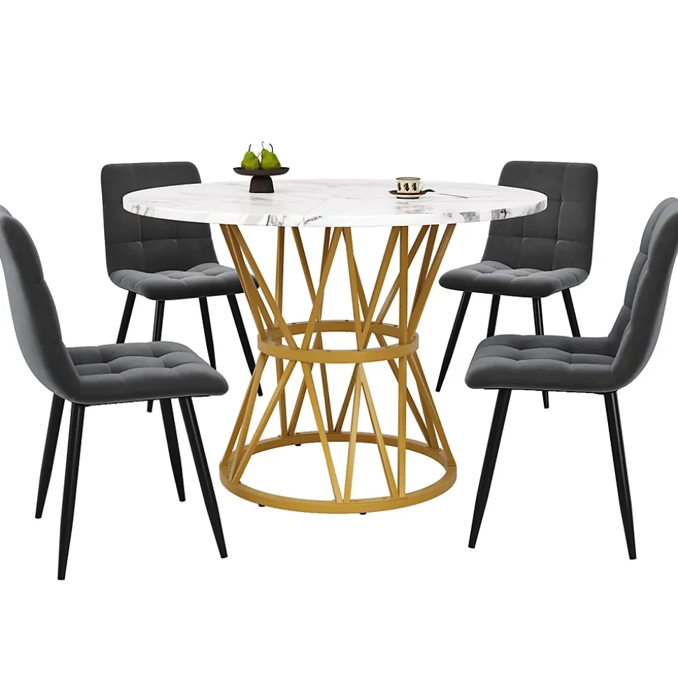 Ensemble table et chaises 100x76 cm avec 4 chaises assise rembourrée en velours, table ronde motif marbre et structure métal