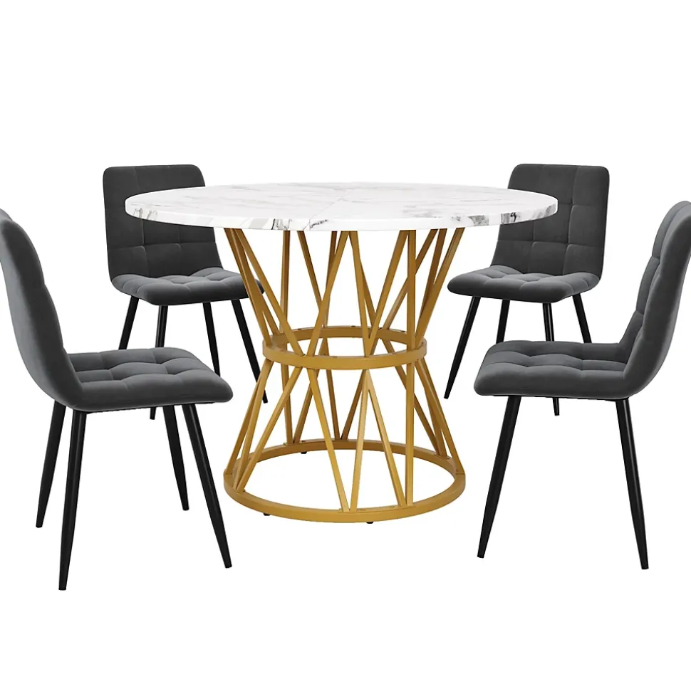 Ensemble table et chaises 100x76 cm avec 4 chaises assise rembourrée en velours, table ronde motif marbre et structure métal