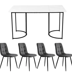 Ensemble table et chaises 140x80x75 cm avec 4 chaises assise rembourrée et table rectangulaire effet marbre