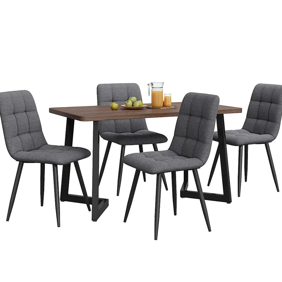 Ensemble table et chaises 117x68x75 cm avec 4 chaises, table MDF noyer, chaises rembourrées lin pieds métal