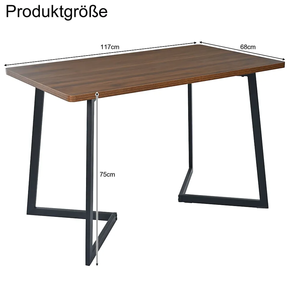 Ensemble table et chaises 117x68x75 cm avec 4 chaises, table MDF noyer, chaises rembourrées lin pieds métal