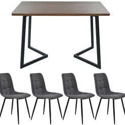 Ensemble table et chaises 117x68x75 cm avec 4 chaises, table MDF noyer, chaises rembourrées lin pieds métal