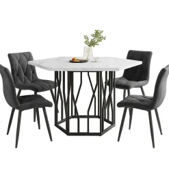 Ensemble Table et Chaises - Table Hexagonale et 4 Chaises Velours, Salle à Manger Moderne, Plateau Effet Marbre, Gris et Blanc
