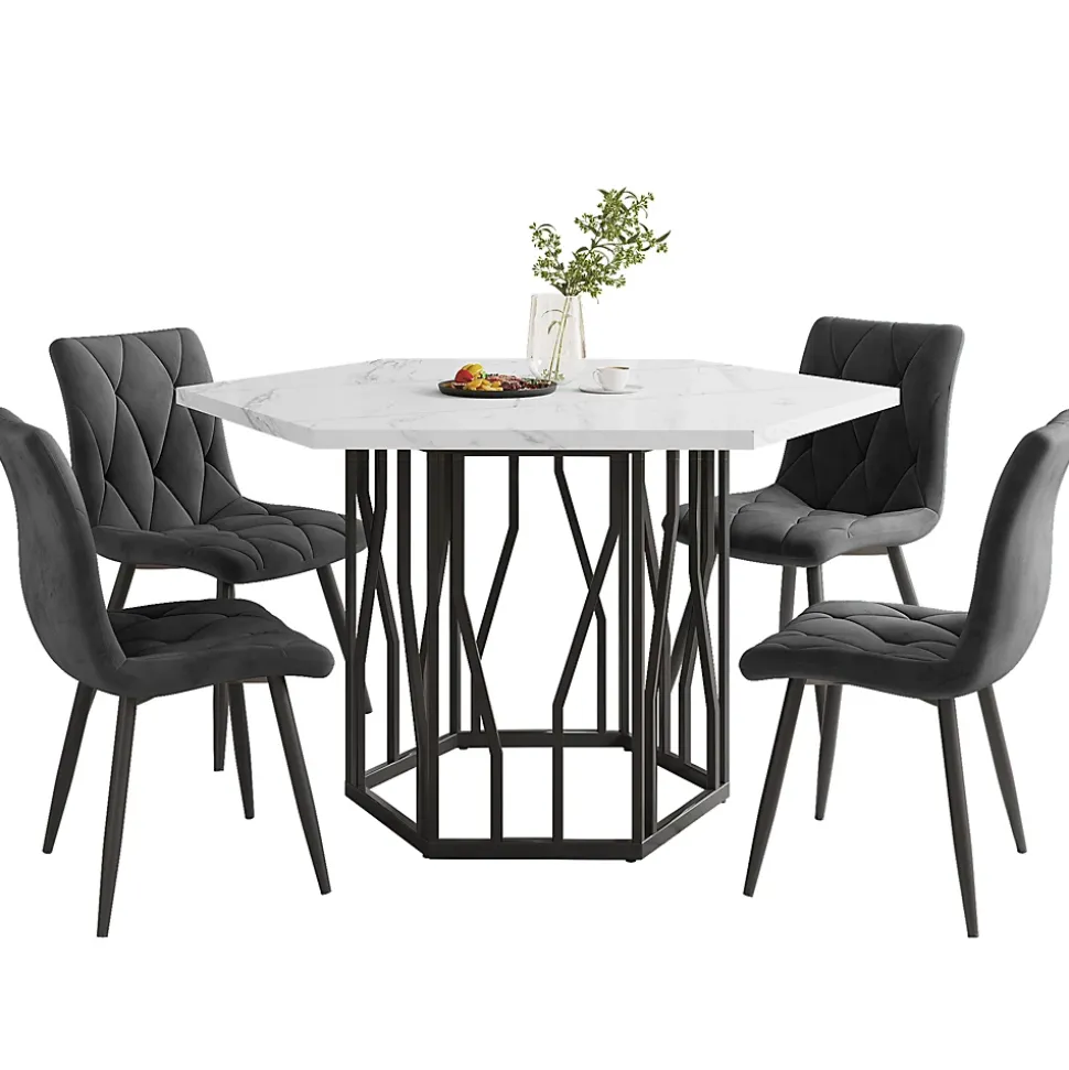 Ensemble Table et Chaises - Table Hexagonale et 4 Chaises Velours, Salle à Manger Moderne, Plateau Effet Marbre, Gris et Blanc