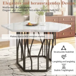 Ensemble Table et Chaises - Table Hexagonale et 4 Chaises Velours, Salle à Manger Moderne, Plateau Effet Marbre, Gris et Blanc