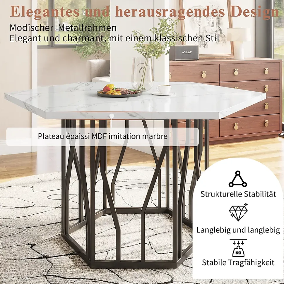 Ensemble Table et Chaises - Table Hexagonale et 4 Chaises Velours, Salle à Manger Moderne, Plateau Effet Marbre, Gris et Blanc