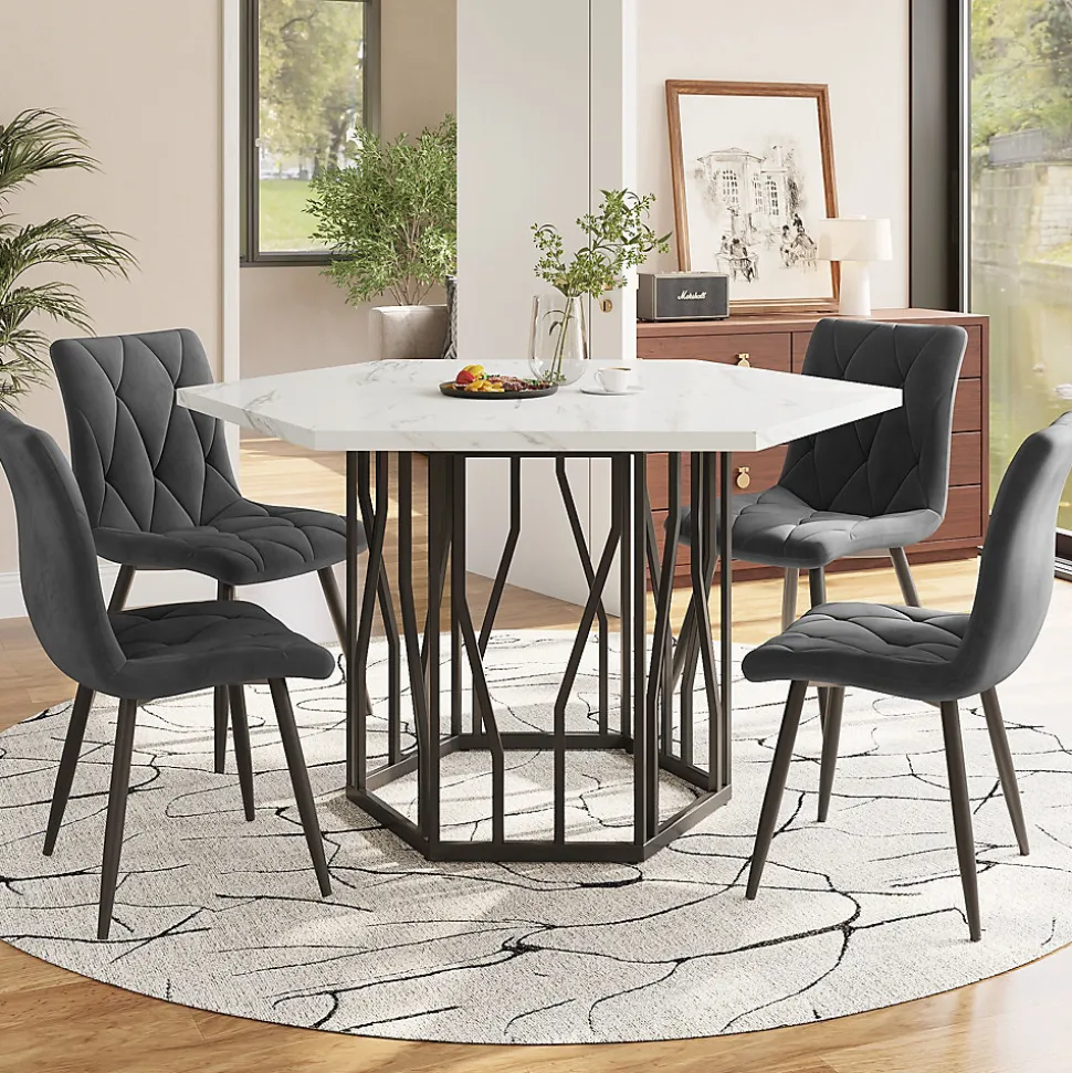 Ensemble Table et Chaises - Table Hexagonale et 4 Chaises Velours, Salle à Manger Moderne, Plateau Effet Marbre, Gris et Blanc