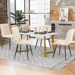 Ensemble Table et Chaises - Rectangulaire avec 4 Chaises Velours Rembourrées, MDF Métal, Beige, 117x68x75 cm