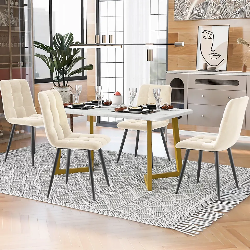 Ensemble Table et Chaises - Rectangulaire avec 4 Chaises Velours Rembourrées, MDF Métal, Beige, 117x68x75 cm