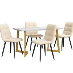 Ensemble Table et Chaises - Rectangulaire avec 4 Chaises Velours Rembourrées, MDF Métal, Beige, 117x68x75 cm