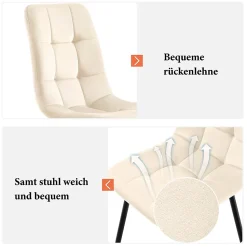 Ensemble Table et Chaises - Rectangulaire avec 4 Chaises Velours Rembourrées, MDF Métal, Beige, 117x68x75 cm