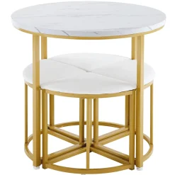 Ensemble table et chaises 80x75x75 cm avec 4 chaises assise velours, table ronde en MDF et structure métal doré