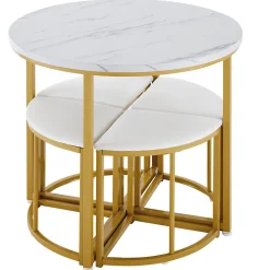Ensemble table et chaises 80x75x75 cm avec 4 chaises assise velours, table ronde en MDF et structure métal doré