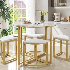 Ensemble table et chaises 80x75x75 cm avec 4 chaises assise velours, table ronde en MDF et structure métal doré