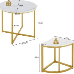 Ensemble table et chaises 80x75x75 cm avec 4 chaises assise velours, table ronde en MDF et structure métal doré