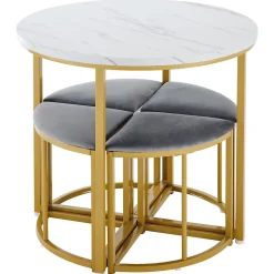 Ensemble table et chaises 80x75x75 cm table ronde MDF blanche avec 4 chaises velours gris métal doré