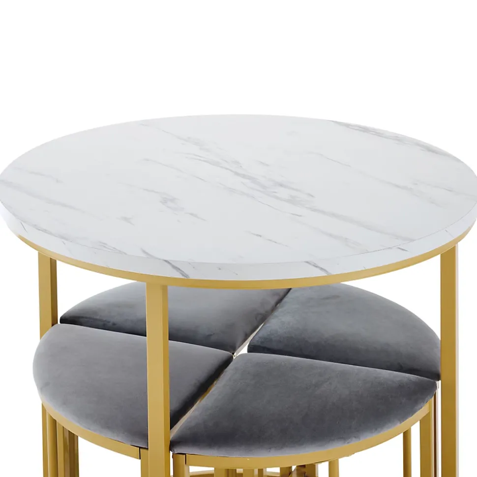 Ensemble table et chaises 80x75x75 cm table ronde MDF blanche avec 4 chaises velours gris métal doré