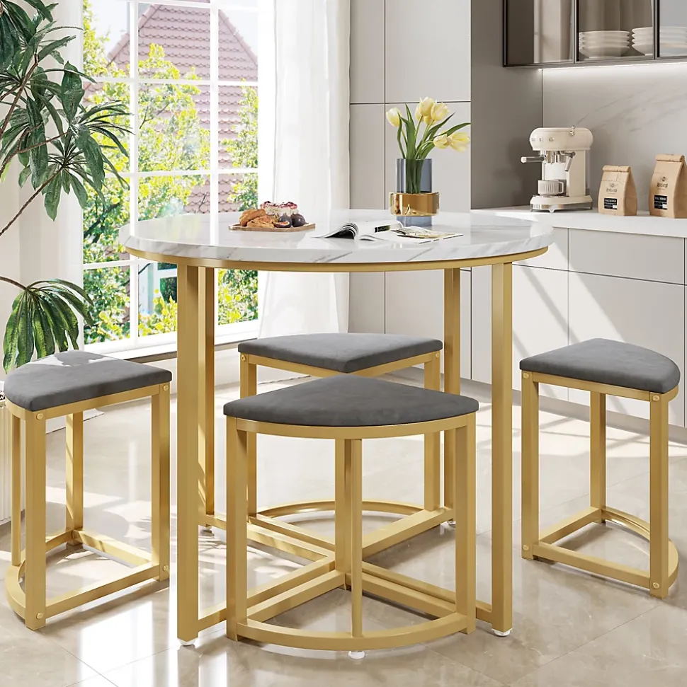 Ensemble table et chaises 80x75x75 cm table ronde MDF blanche avec 4 chaises velours gris métal doré