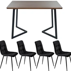 Ensemble table et chaises 117x68x75 cm avec 4 chaises, table MDF noyer et chaises assise velours rembourrée