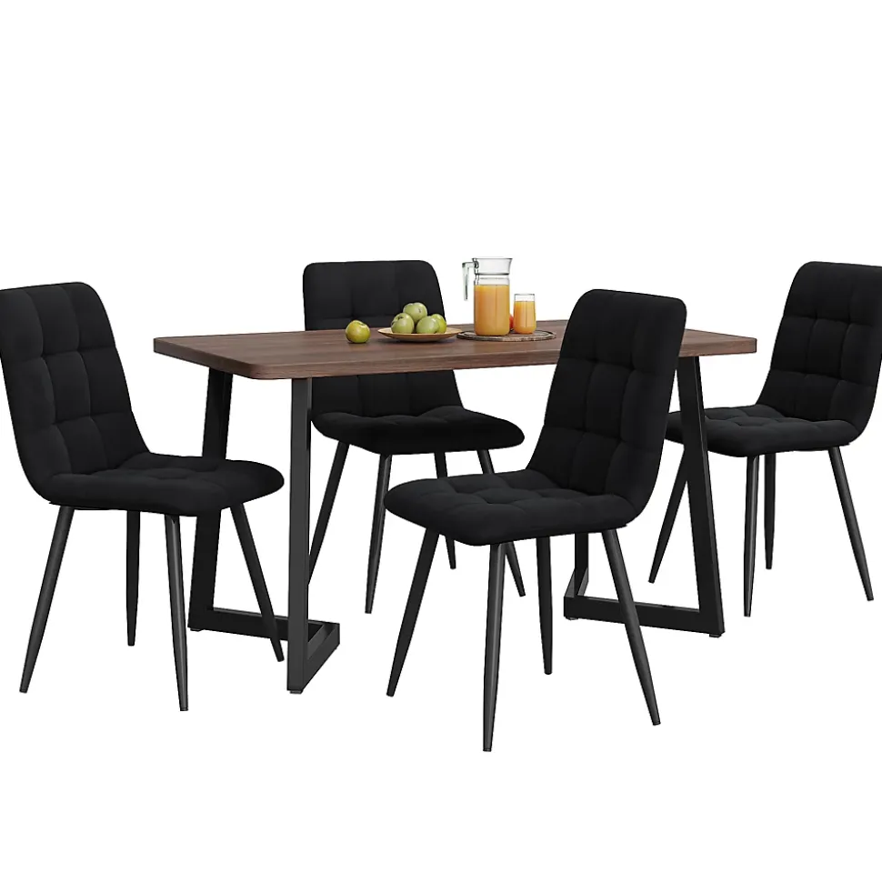 Ensemble table et chaises 117x68x75 cm avec 4 chaises, table MDF noyer et chaises assise velours rembourrée