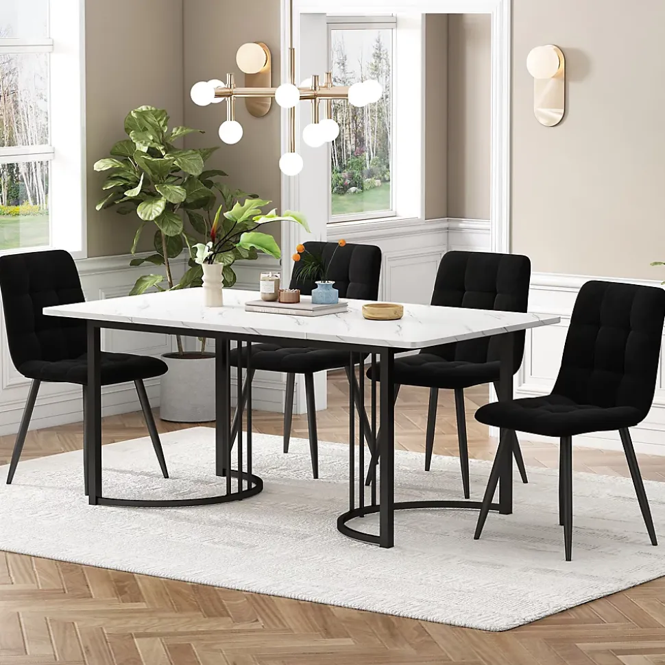 Ensemble table et chaises 140x80x75 cm avec 4 chaises, rectangulaire MDF effet marbre et assise velours