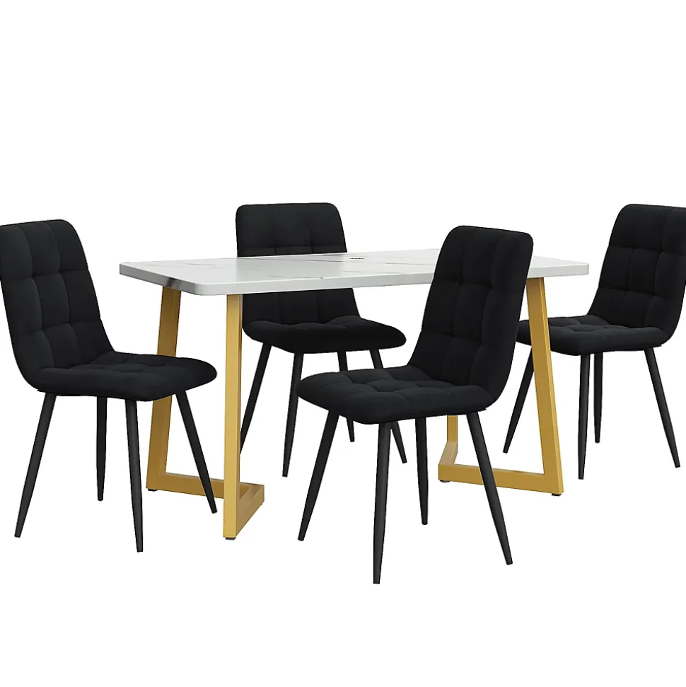 Ensemble table et chaises 120x75x75 cm avec 4 chaises, table rectangulaire, assise rembourrée et pieds dorés