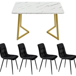 Ensemble table et chaises 120x75x75 cm avec 4 chaises, table rectangulaire, assise rembourrée et pieds dorés