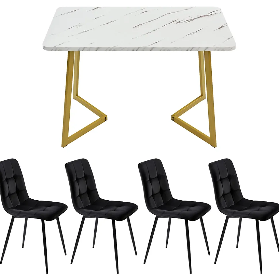 Ensemble table et chaises 120x75x75 cm avec 4 chaises, table rectangulaire, assise rembourrée et pieds dorés