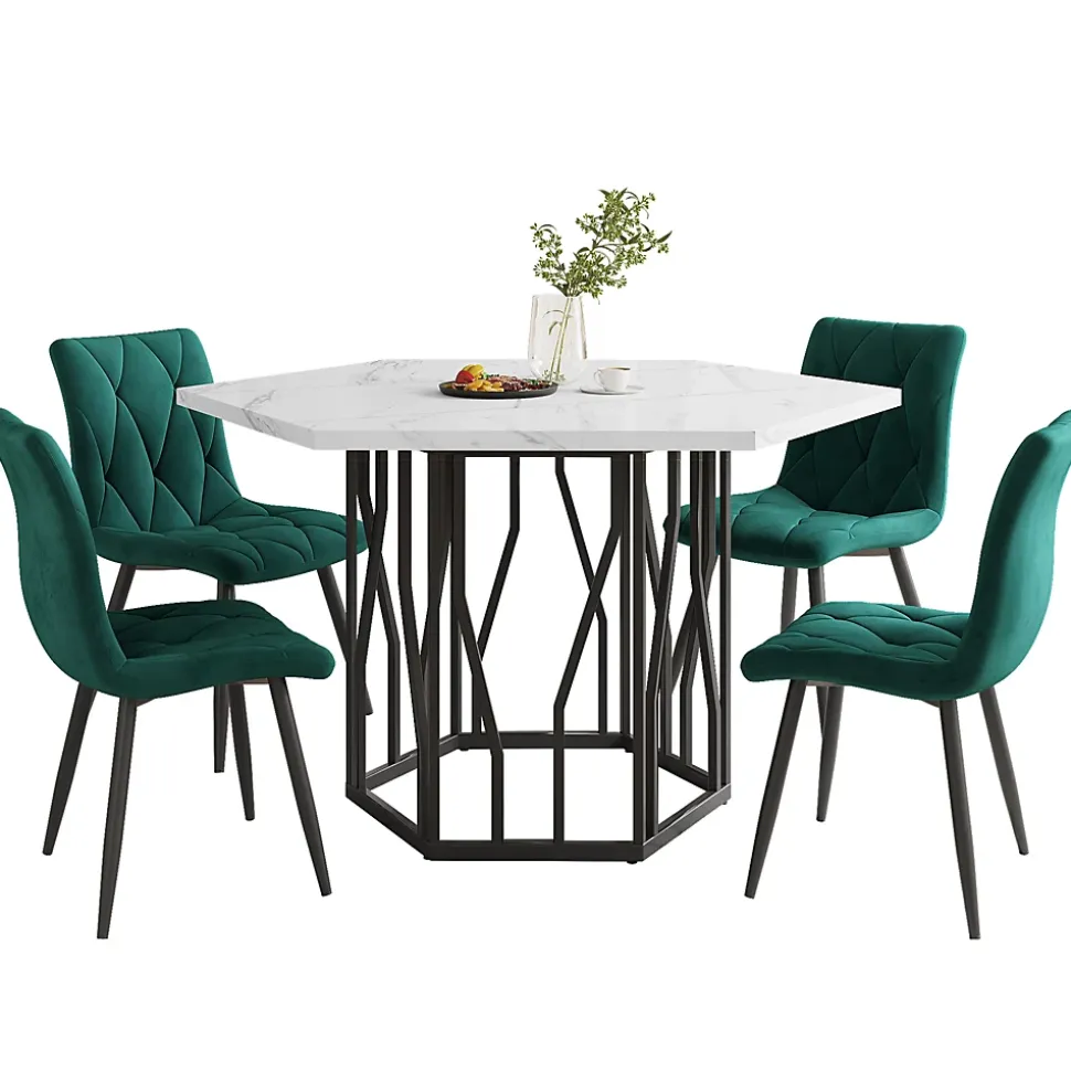 Ensemble table et chaises 115,5x100x75 cm table hexagonale marbre blanc métal avec 4 chaises velours vert