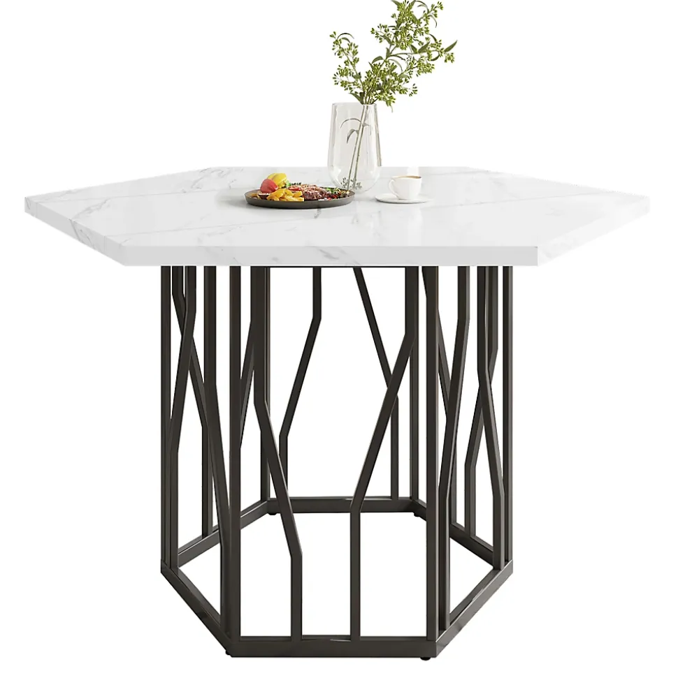 Ensemble table et chaises 115,5x100x75 cm table hexagonale marbre blanc métal avec 4 chaises velours vert