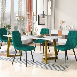Ensemble Table et Chaises - Rectangulaire MDF avec 4 Chaises Velours à Motif Twill, Pieds Métal Doré, Blanc/Vert Foncé