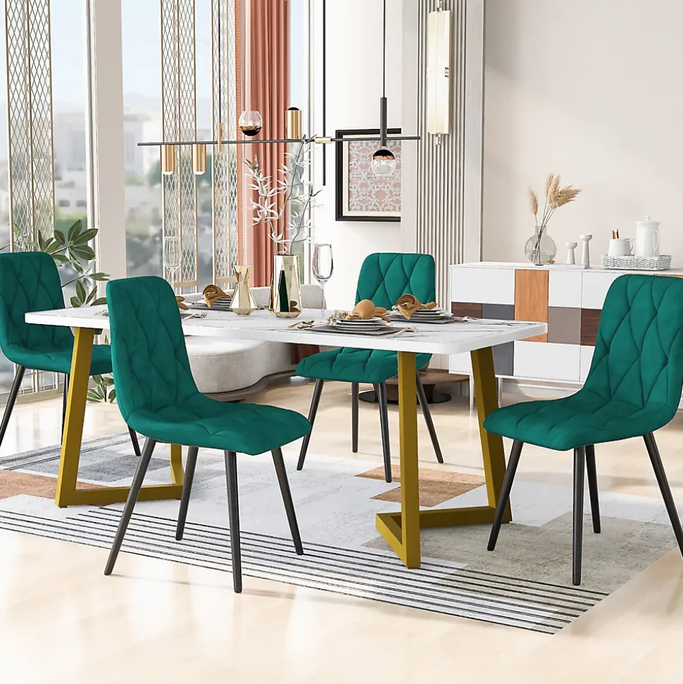 Ensemble Table et Chaises - Rectangulaire MDF avec 4 Chaises Velours à Motif Twill, Pieds Métal Doré, Blanc/Vert Foncé