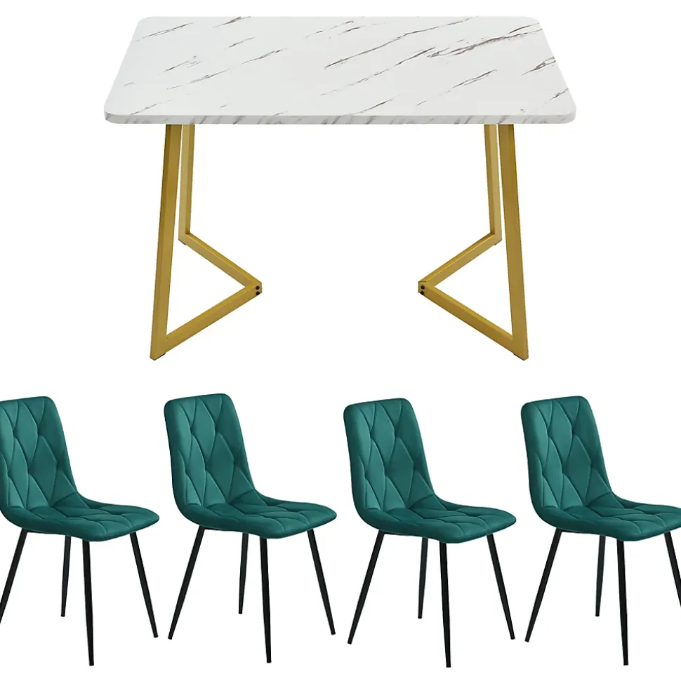 Ensemble Table et Chaises - Rectangulaire MDF avec 4 Chaises Velours à Motif Twill, Pieds Métal Doré, Blanc/Vert Foncé