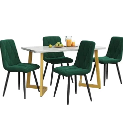 Ensemble Table et Chaises - Rectangulaire MDF avec 4 Chaises Velours à Motif Twill, Pieds Métal Doré, Blanc/Vert Foncé