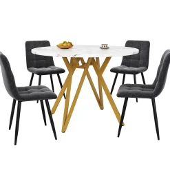 Ensemble table et chaises 100x76 cm table ronde plateau MDF marbre avec 4 chaises lin gris, pieds dorés