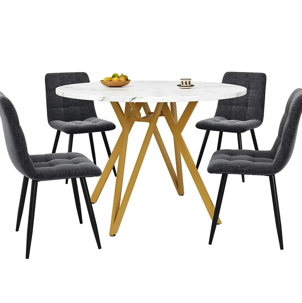 Ensemble table et chaises 100x76 cm table ronde plateau MDF marbre avec 4 chaises lin gris, pieds dorés