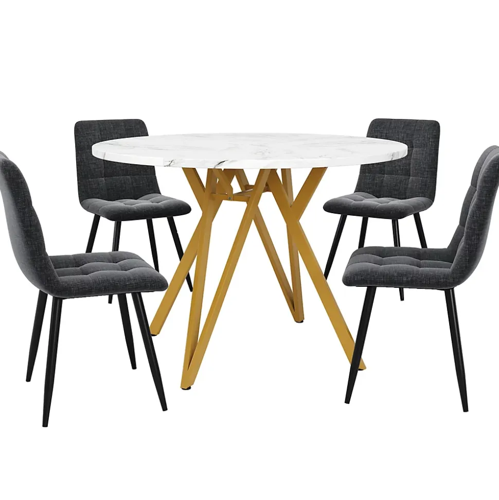 Ensemble table et chaises 100x76 cm table ronde plateau MDF marbre avec 4 chaises lin gris, pieds dorés
