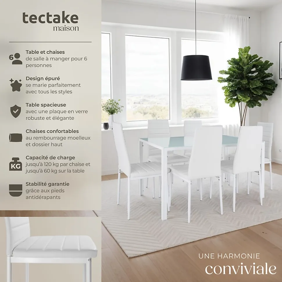 Ensemble table et chaises de salle à manger 7 pièces Acier blanc
