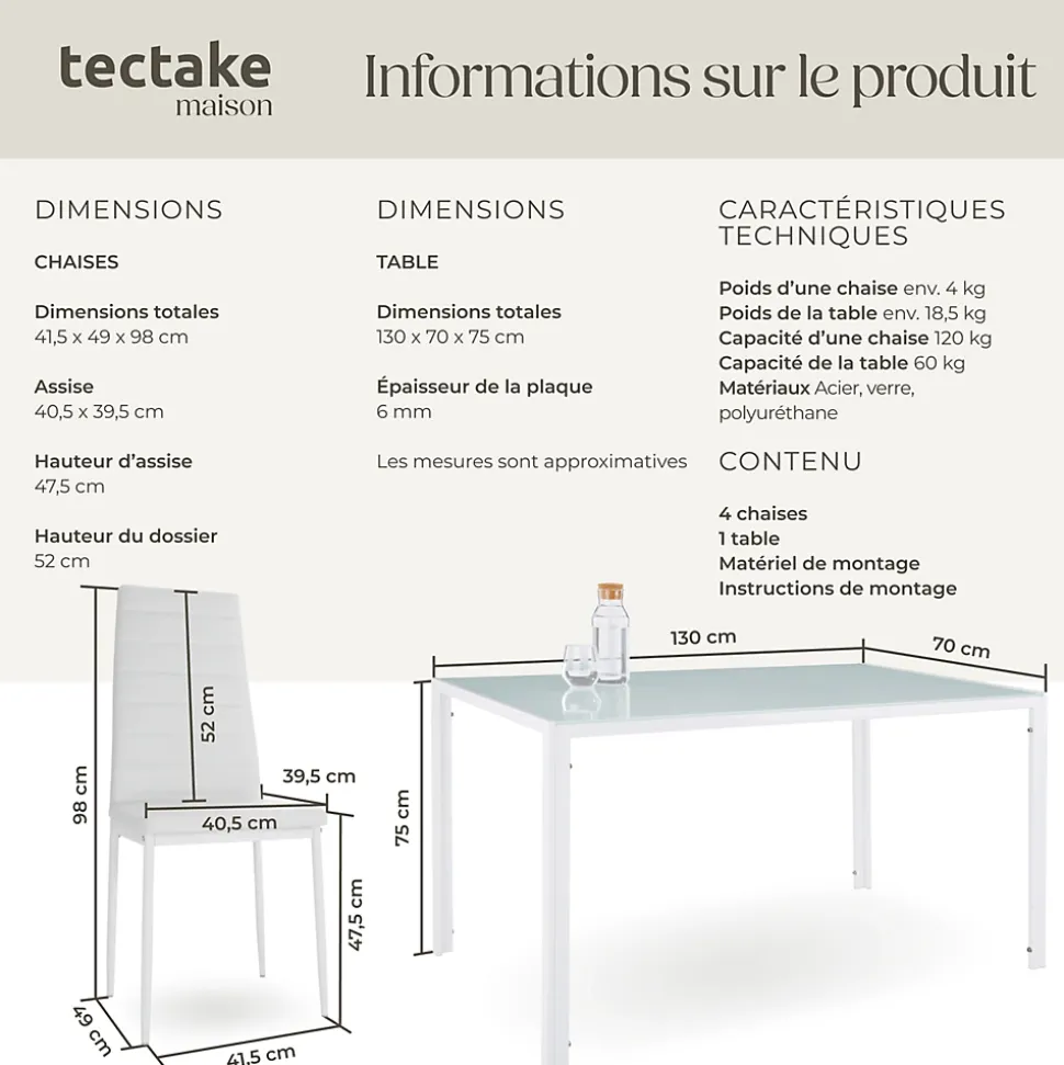 Ensemble table et chaises de salle à manger 7 pièces Acier blanc