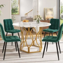 Ensemble table et chaises 100x76 cm table ronde plateau MDF marbré avec 4 chaises velours et pieds métal doré