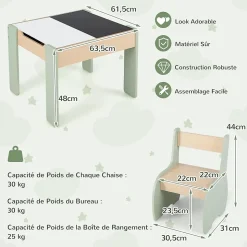Ensemble Table et Chaises pour Enfants 3PCS avec Plateau Rabattable Dossier Ergonomique 4 en 1 Table Activités Vert
