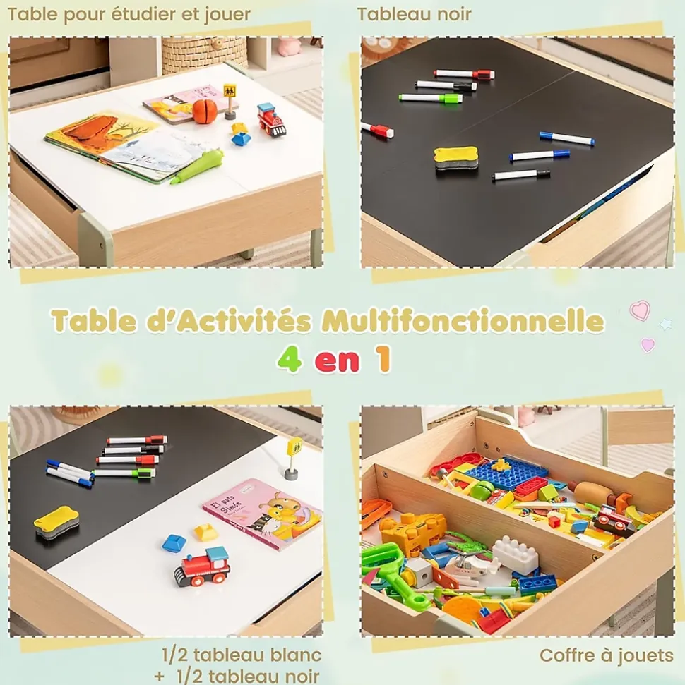 Ensemble Table et Chaises pour Enfants 3PCS avec Plateau Rabattable Dossier Ergonomique 4 en 1 Table Activités Vert