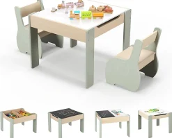 Ensemble Table et Chaises pour Enfants 3PCS avec Plateau Rabattable Dossier Ergonomique 4 en 1 Table Activités Vert