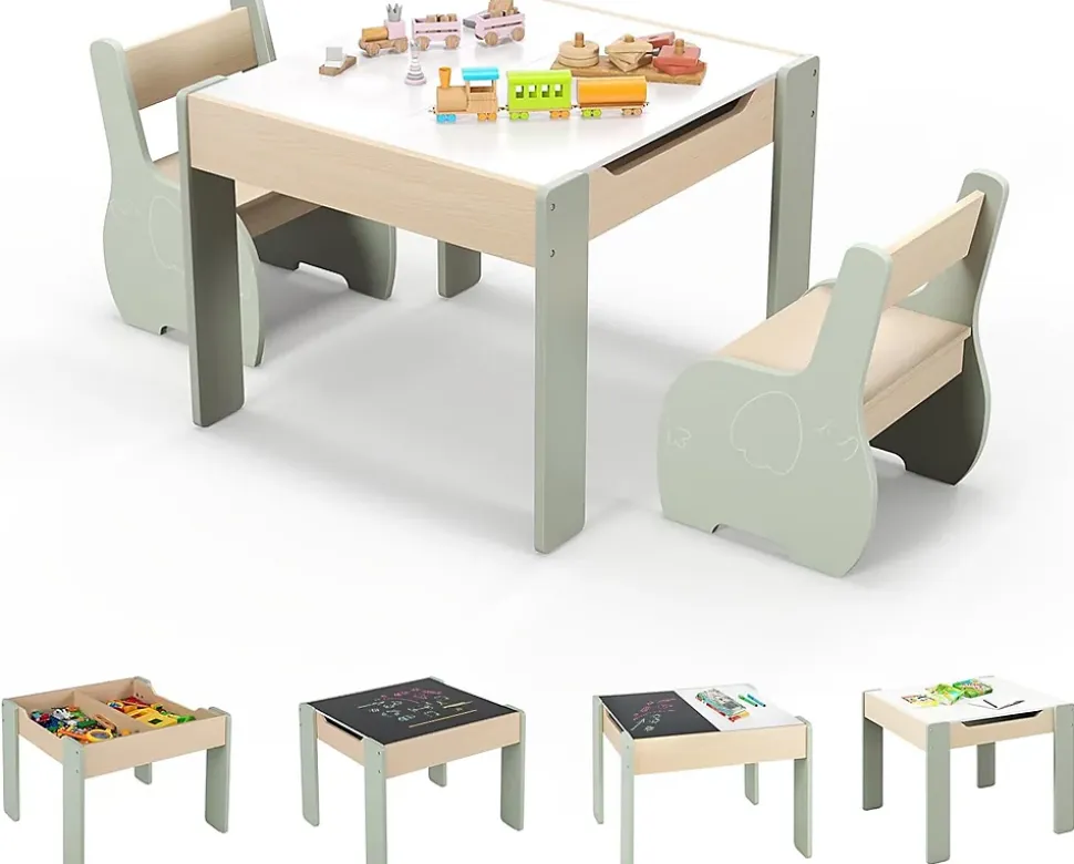 Ensemble Table et Chaises pour Enfants 3PCS avec Plateau Rabattable Dossier Ergonomique 4 en 1 Table Activités Vert