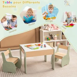 Ensemble Table et Chaises pour Enfants 3PCS avec Plateau Rabattable Dossier Ergonomique 4 en 1 Table Activités Vert